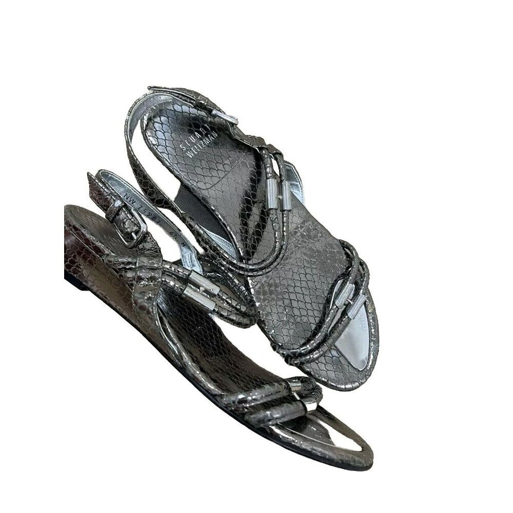 Stuart Weitzman Rolldown Metallic Micro-Wedge San… - image 2